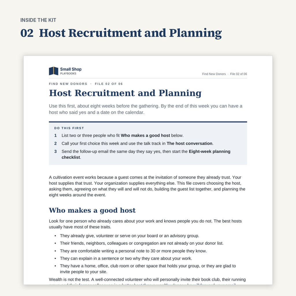First page of 02 Host Recruitment and Planning from Find New Donors, with its Do this first steps
