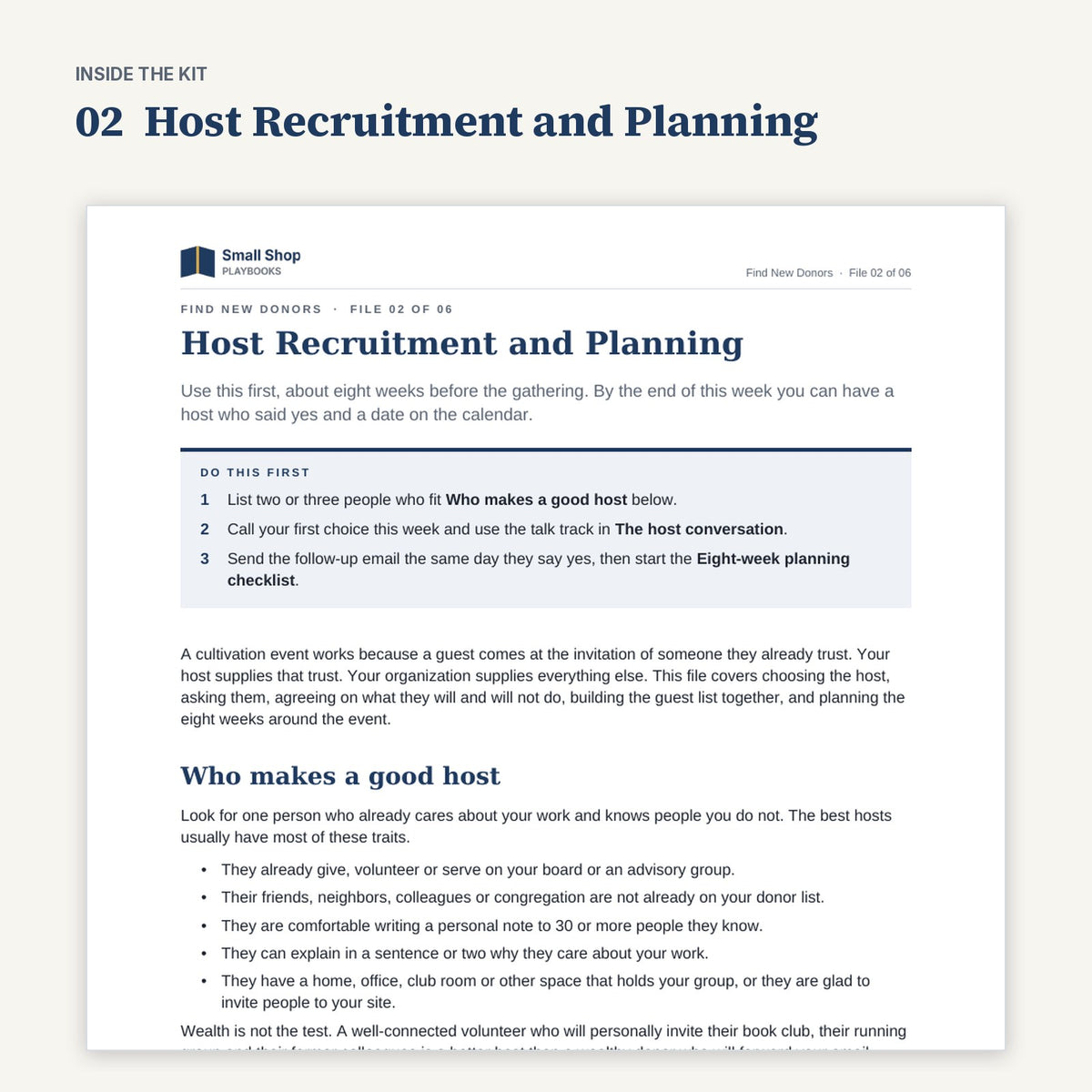 First page of 02 Host Recruitment and Planning from Find New Donors, with its Do this first steps