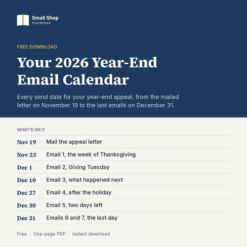 Free 2026 Year-End Email Calendar cover listing every send date from November 19 to December 31