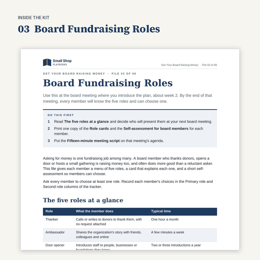First page of 03 Board Fundraising Roles from Get Your Board Raising Money, with its Do this first steps