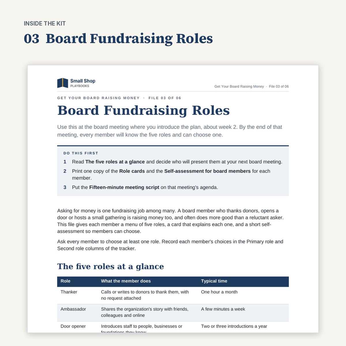 First page of 03 Board Fundraising Roles from Get Your Board Raising Money, with its Do this first steps