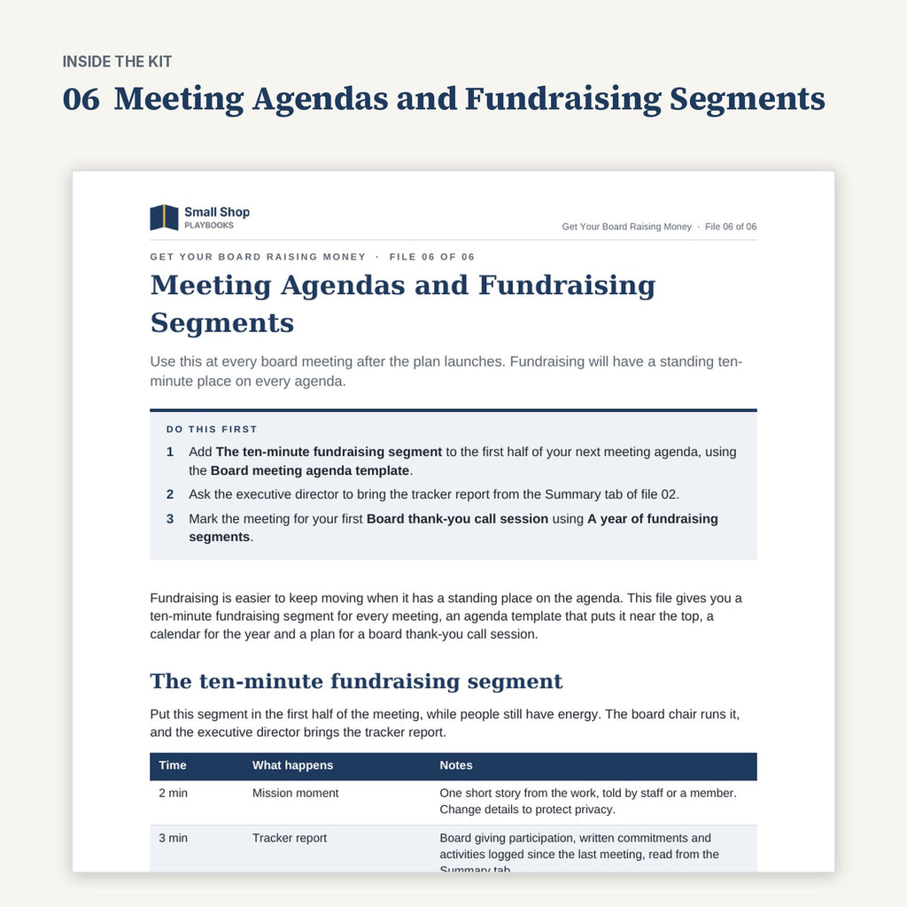First page of 06 Meeting Agendas and Fundraising Segments from Get Your Board Raising Money, with its Do this first steps