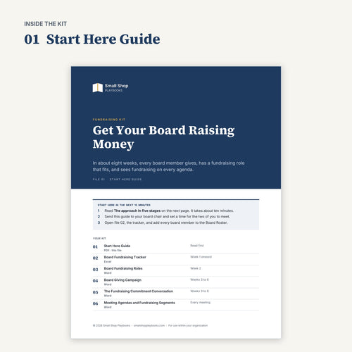 Cover of 01 Start Here Guide for Get Your Board Raising Money, with the first three steps and the kit contents