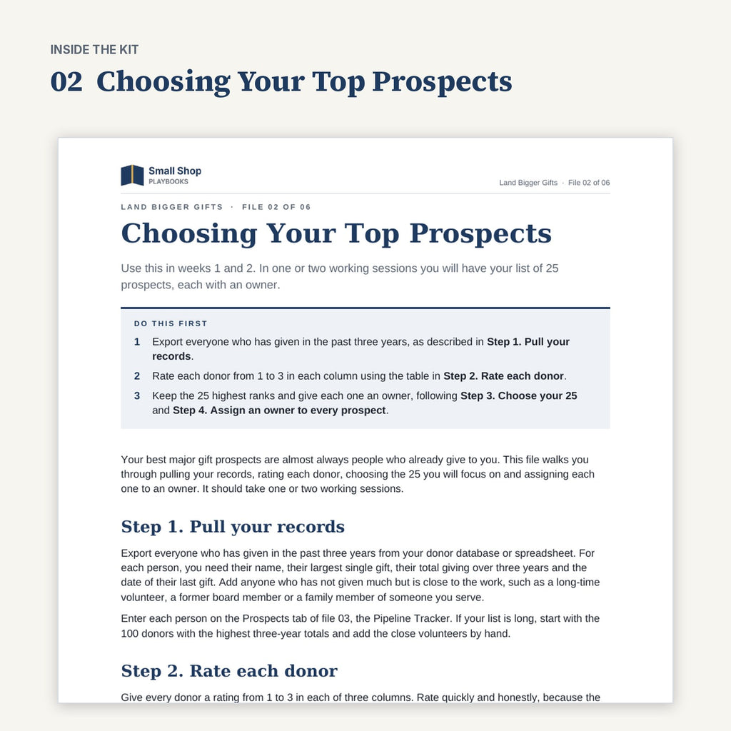 First page of 02 Choosing Your Top Prospects from Land Bigger Gifts, with its Do this first steps