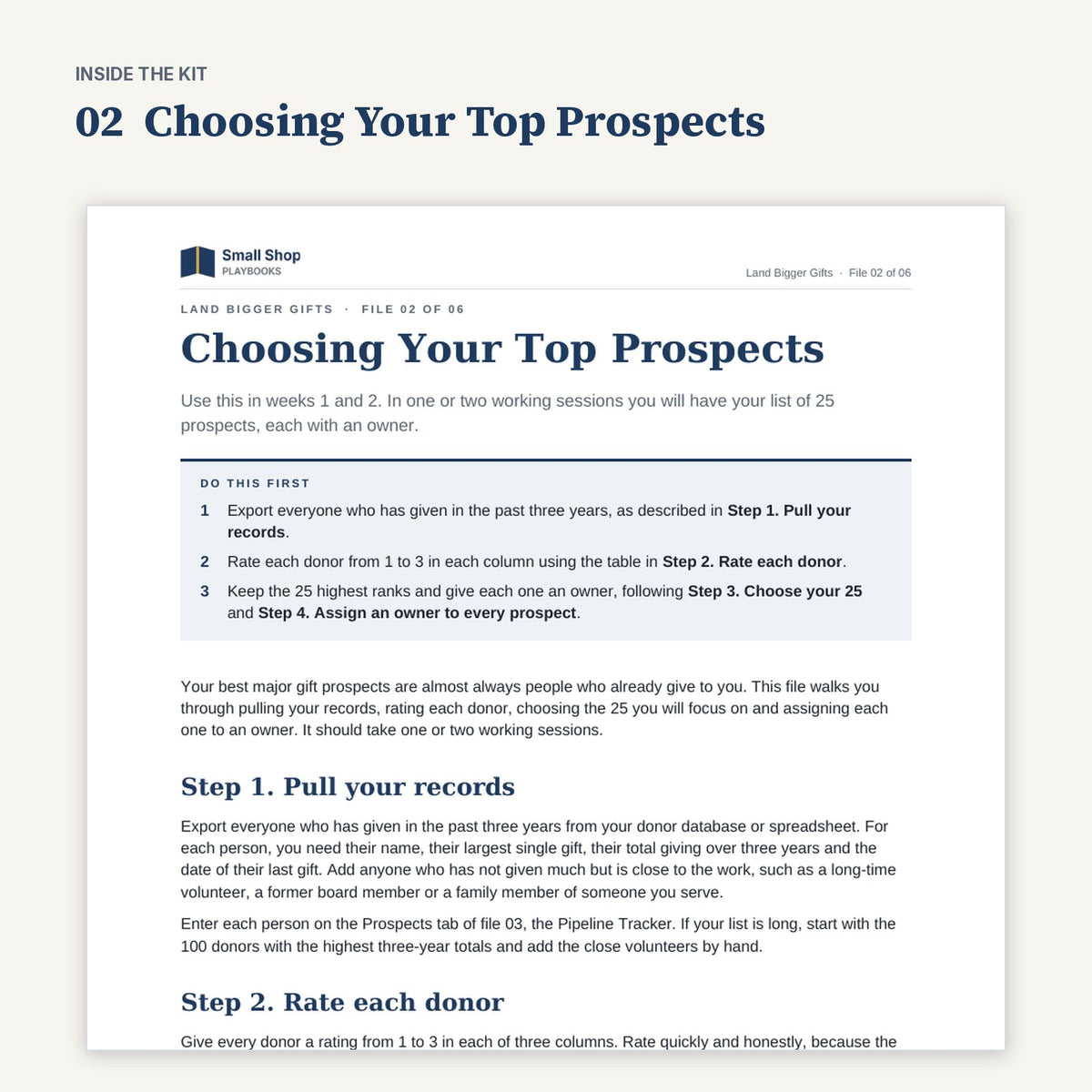 First page of 02 Choosing Your Top Prospects from Land Bigger Gifts, with its Do this first steps