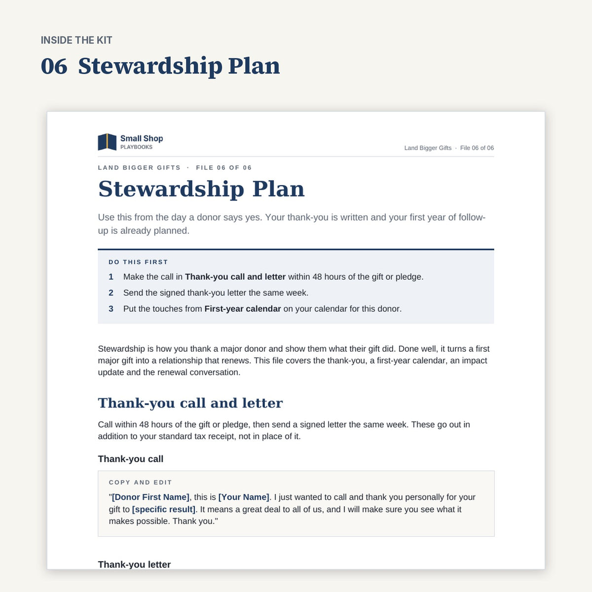 First page of 06 Stewardship Plan from Land Bigger Gifts, with its Do this first steps