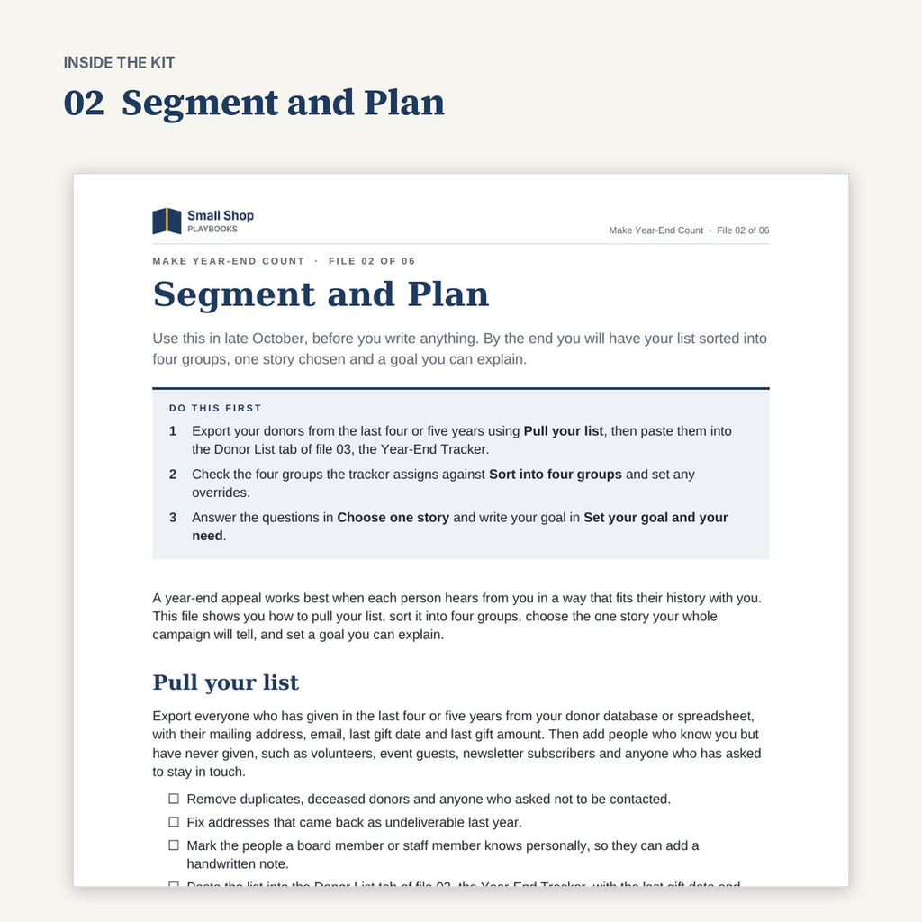 First page of 02 Segment and Plan from Make Year-End Count, with its Do this first steps