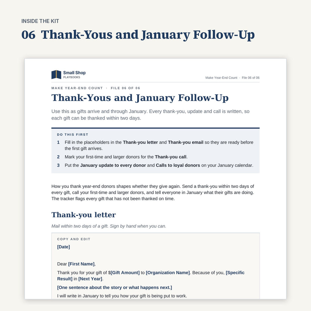 First page of 06 Thank-Yous and January Follow-Up from Make Year-End Count, with its Do this first steps