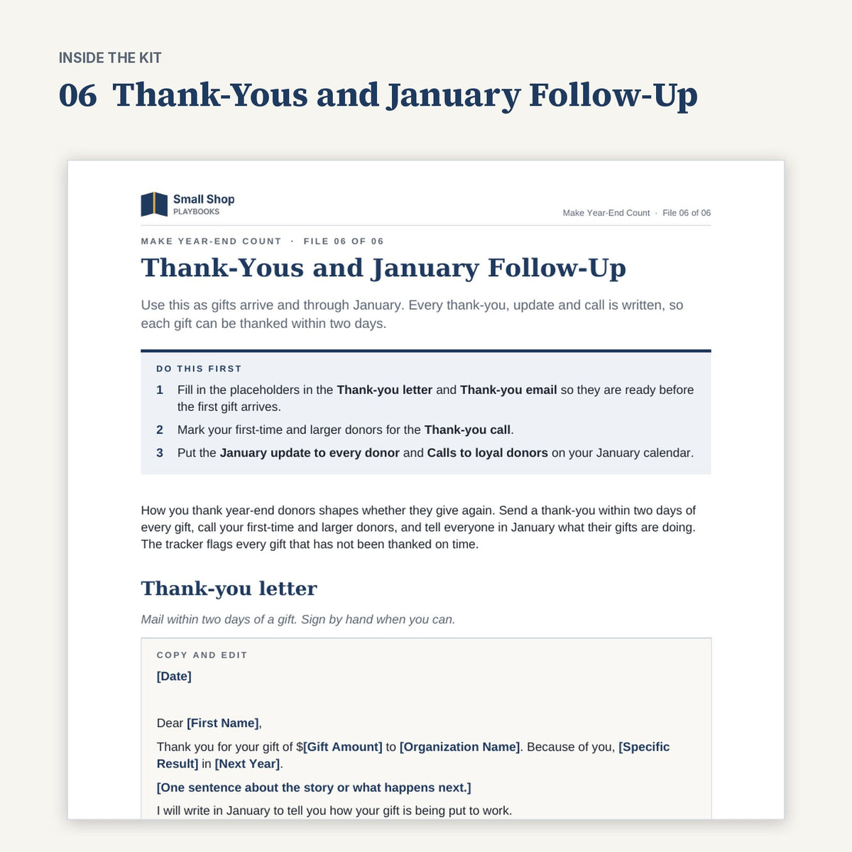 First page of 06 Thank-Yous and January Follow-Up from Make Year-End Count, with its Do this first steps