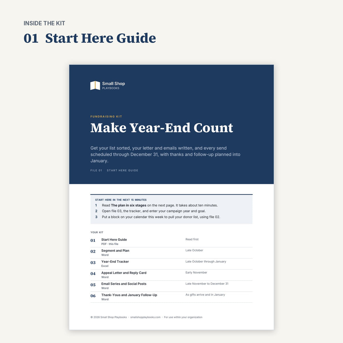 Cover of 01 Start Here Guide for Make Year-End Count, with the first three steps and the kit contents